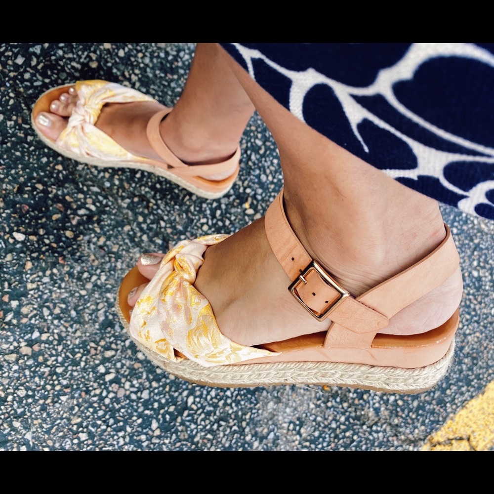 Pale yellow floral fabric espadrilles